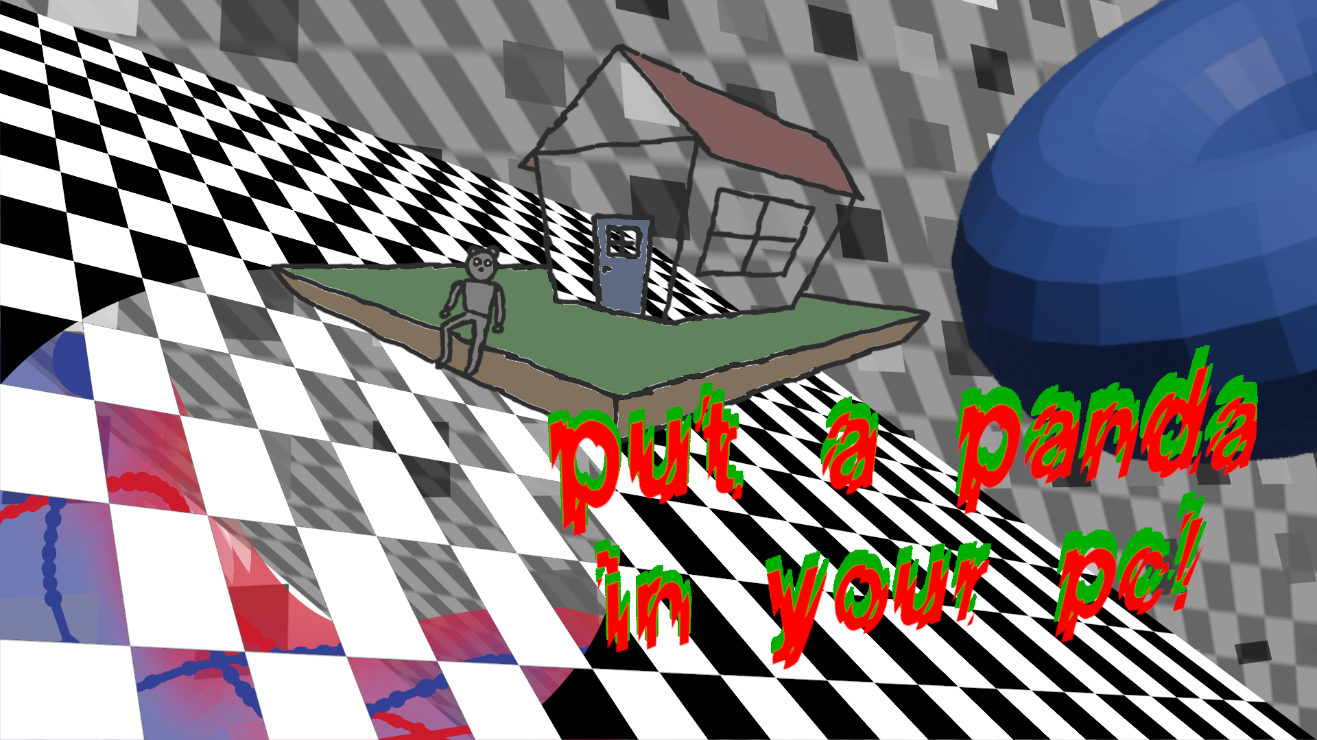 humanoid panda sitting in a Vaporwave type thing, idk what to call this